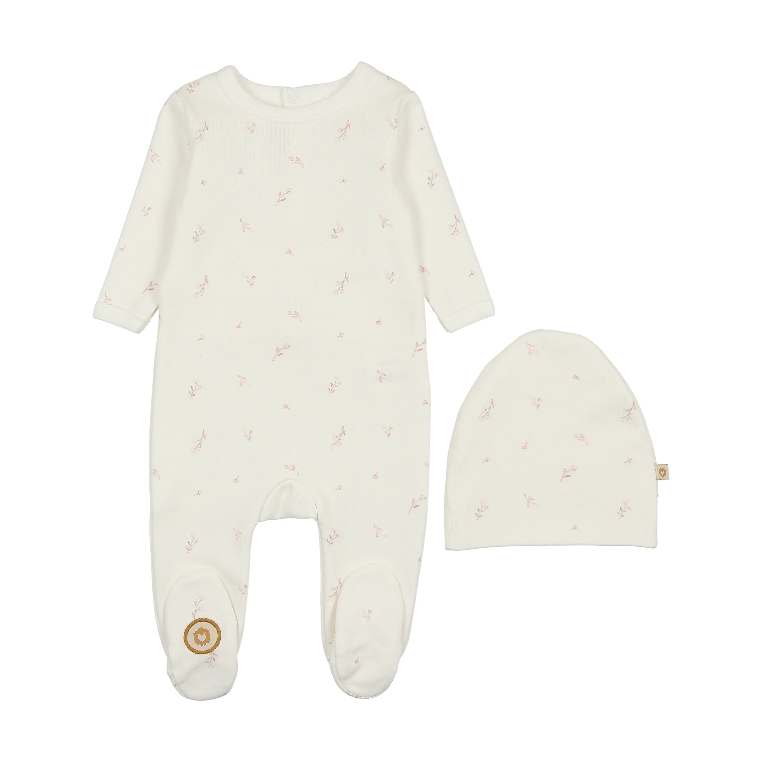 Mon Tresor Nature's Print Footie & Bonnet - Ivory & Pink