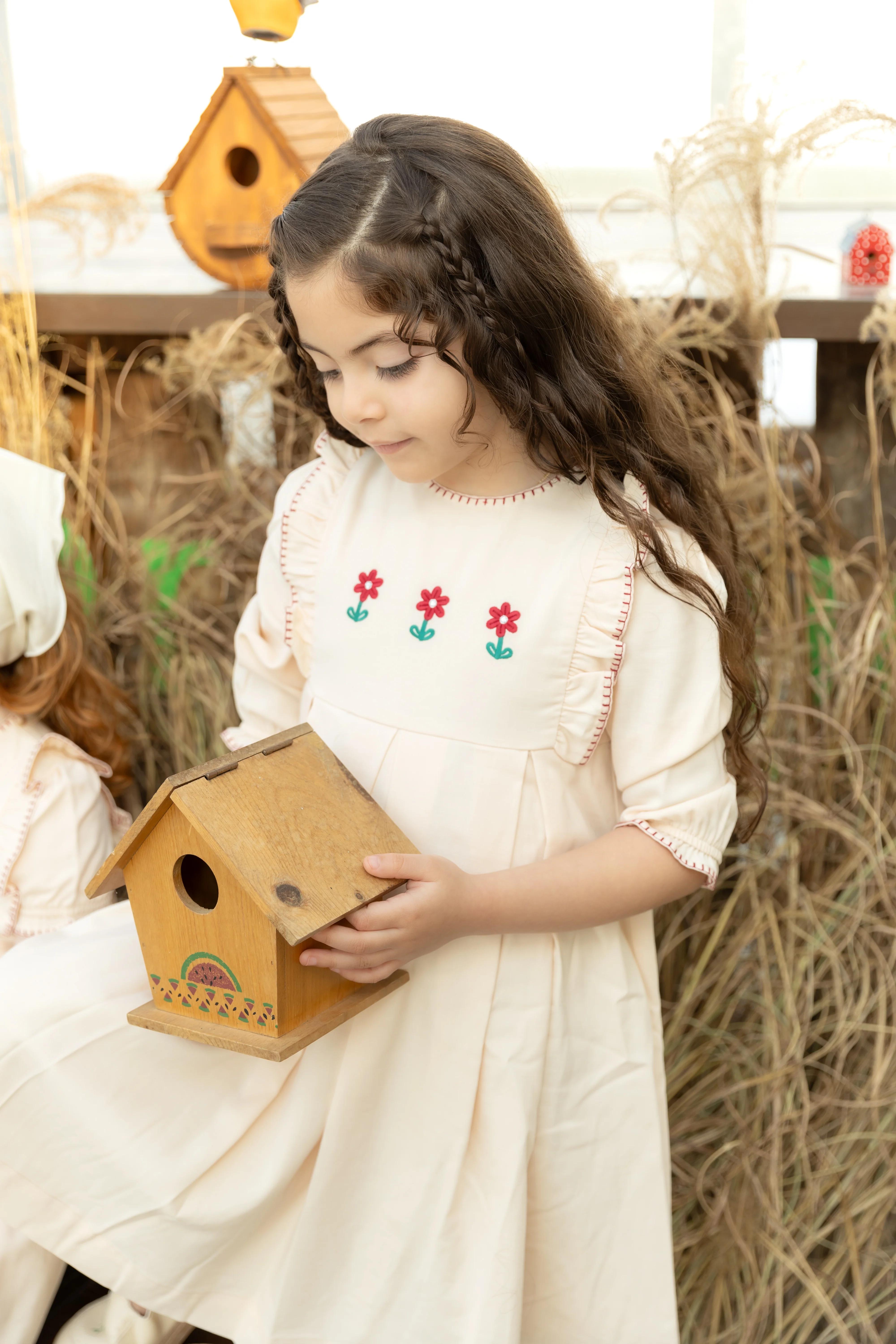 Nou Nelle Pleated Peach Embroidered Dress (3/4 Sleeve)