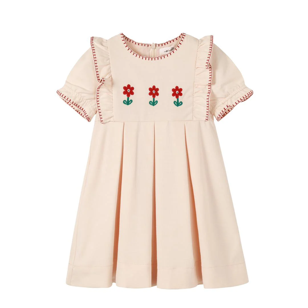 Nou Nelle Pleated Peach Embroidered Dress (Short Sleeve) - Image 2