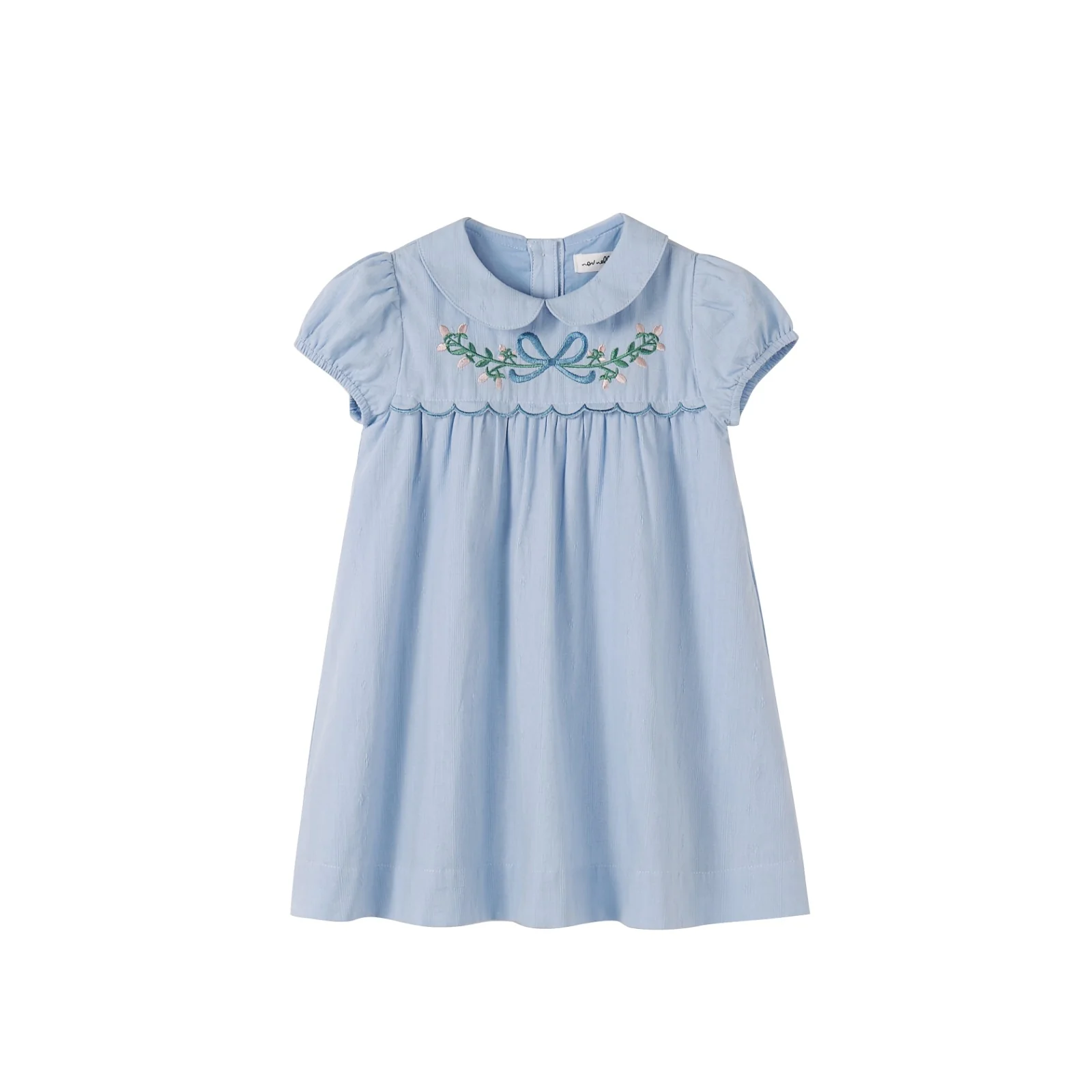 Nou Nelle Scalloped Embroidered Short Sleeve Dress - Blue