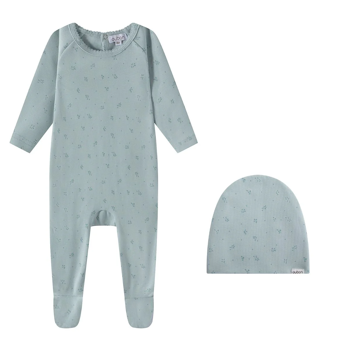 Oubon Blue Cotton Bud Print Footie And Hat