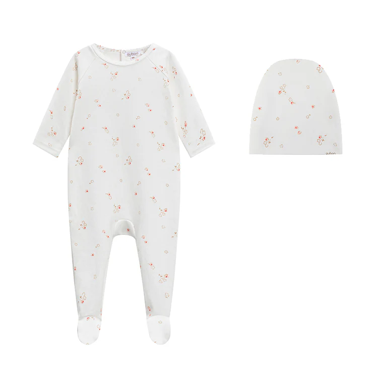 Oubon Floral Footie with Hat - Off White