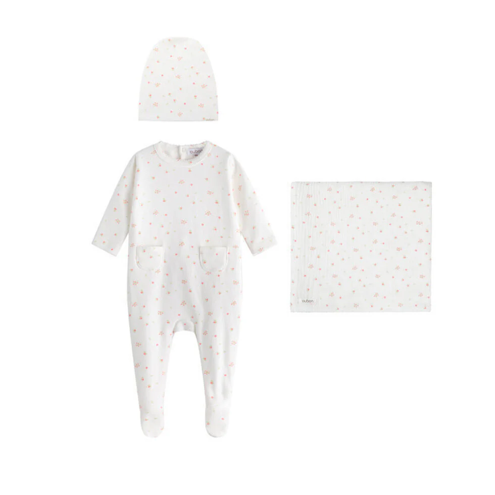 Oubon Tulip Print Ground 3PC Layette Set - White