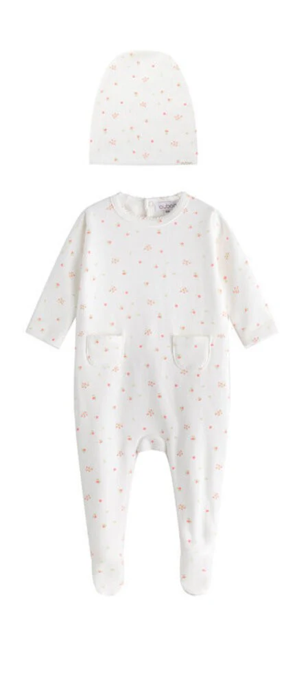 Oubon Tulip Print Ground Footie & Hat - White