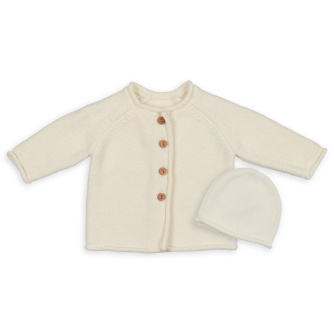 Peluche Cardigan and Beanie Set - Cream
