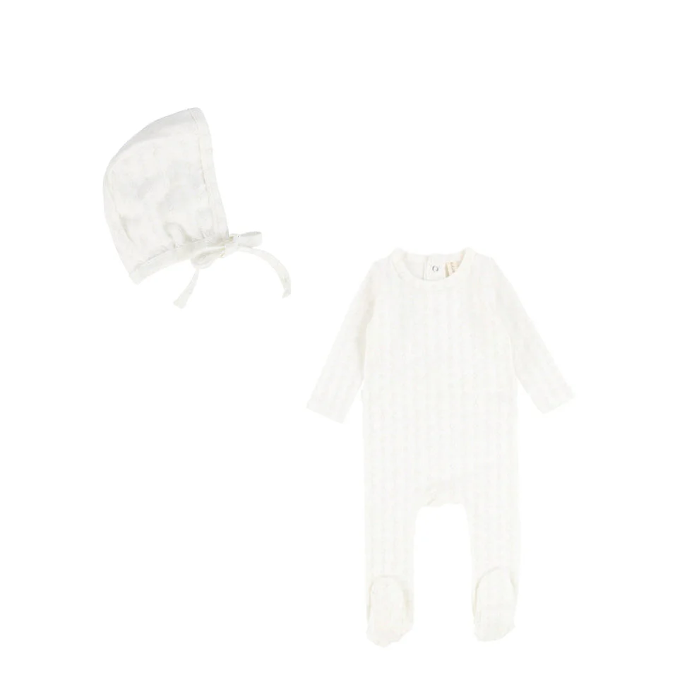 Pointelle Printed White Diamond Footie & Bonnet