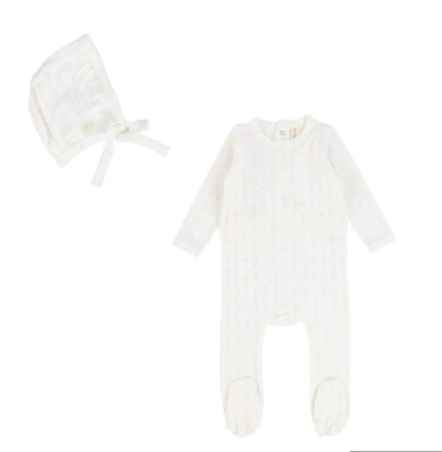 Pointelle Printed White Heart Footie & Bonnet