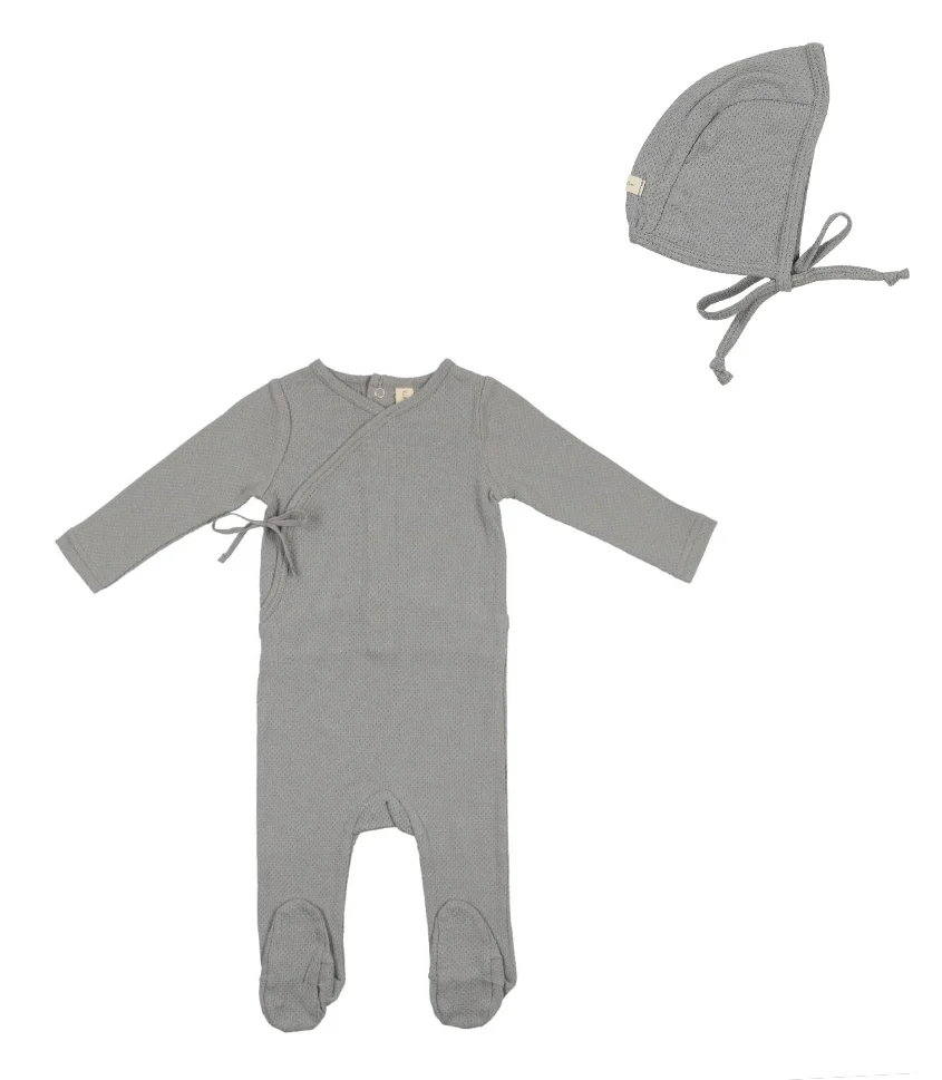 Lil Legs Pointelle Wrapover Footie and Bonnet Blue