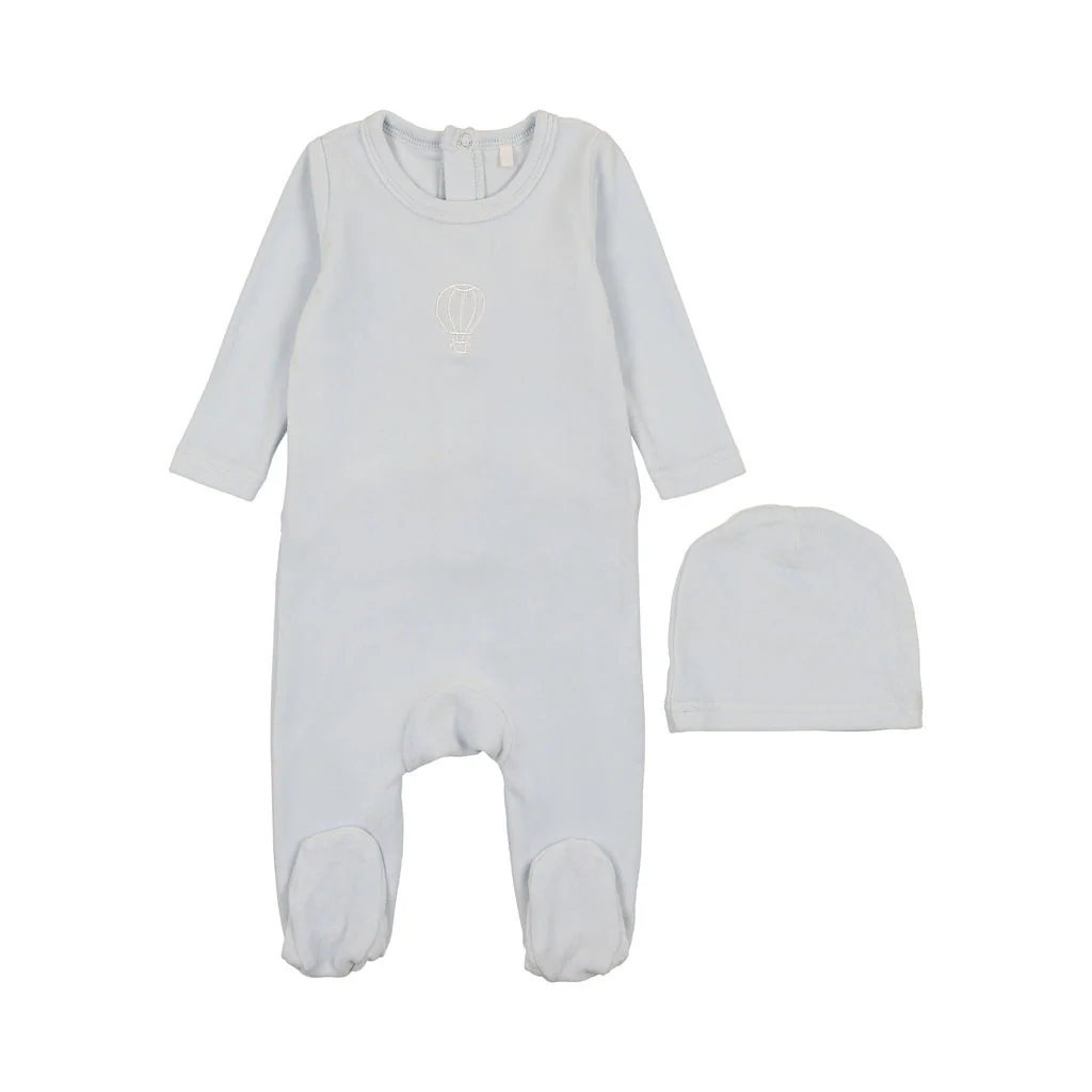 Pouf Velour Embroidered Footie - Blue