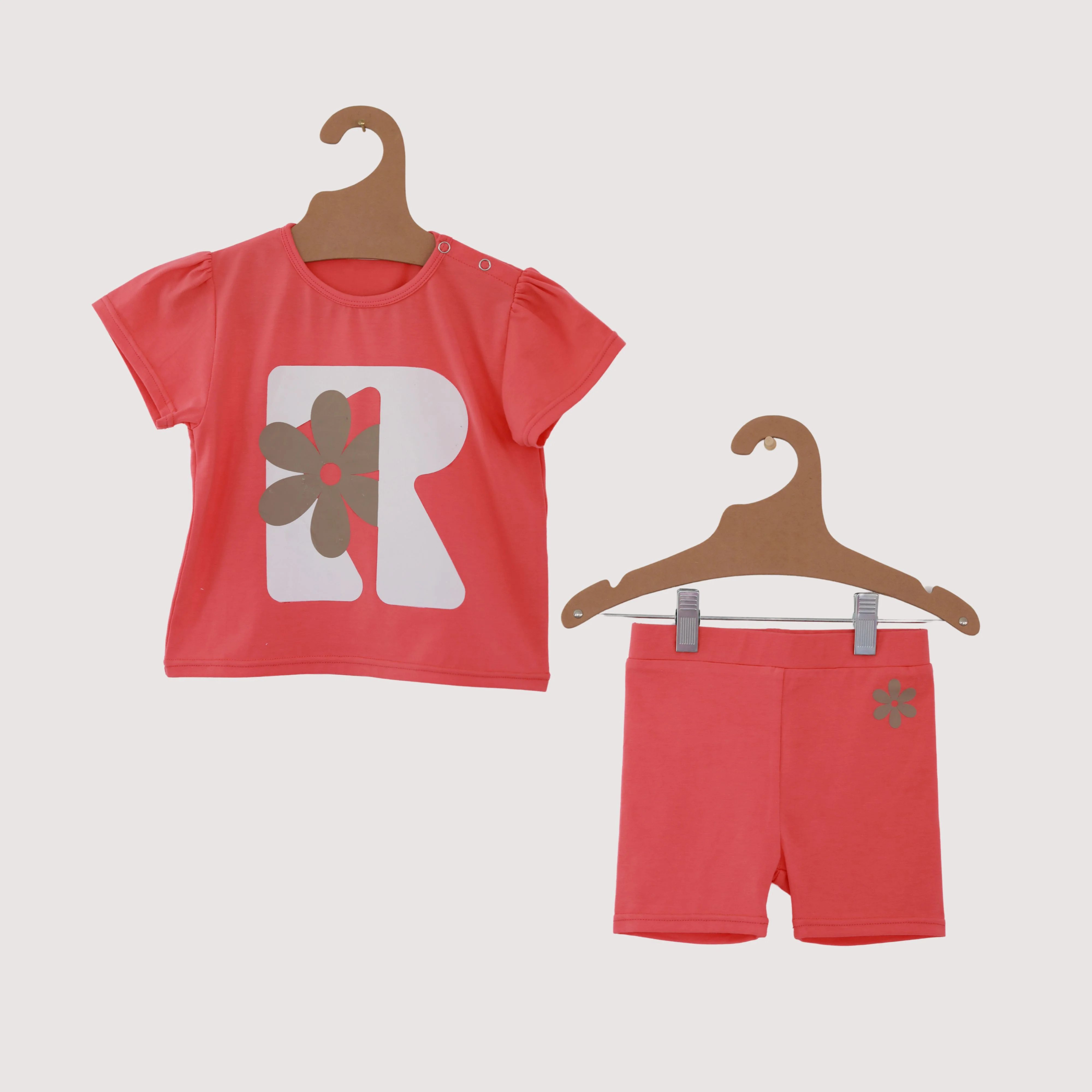 Retro Kid Baby Girl Set Flower Logo - Coral