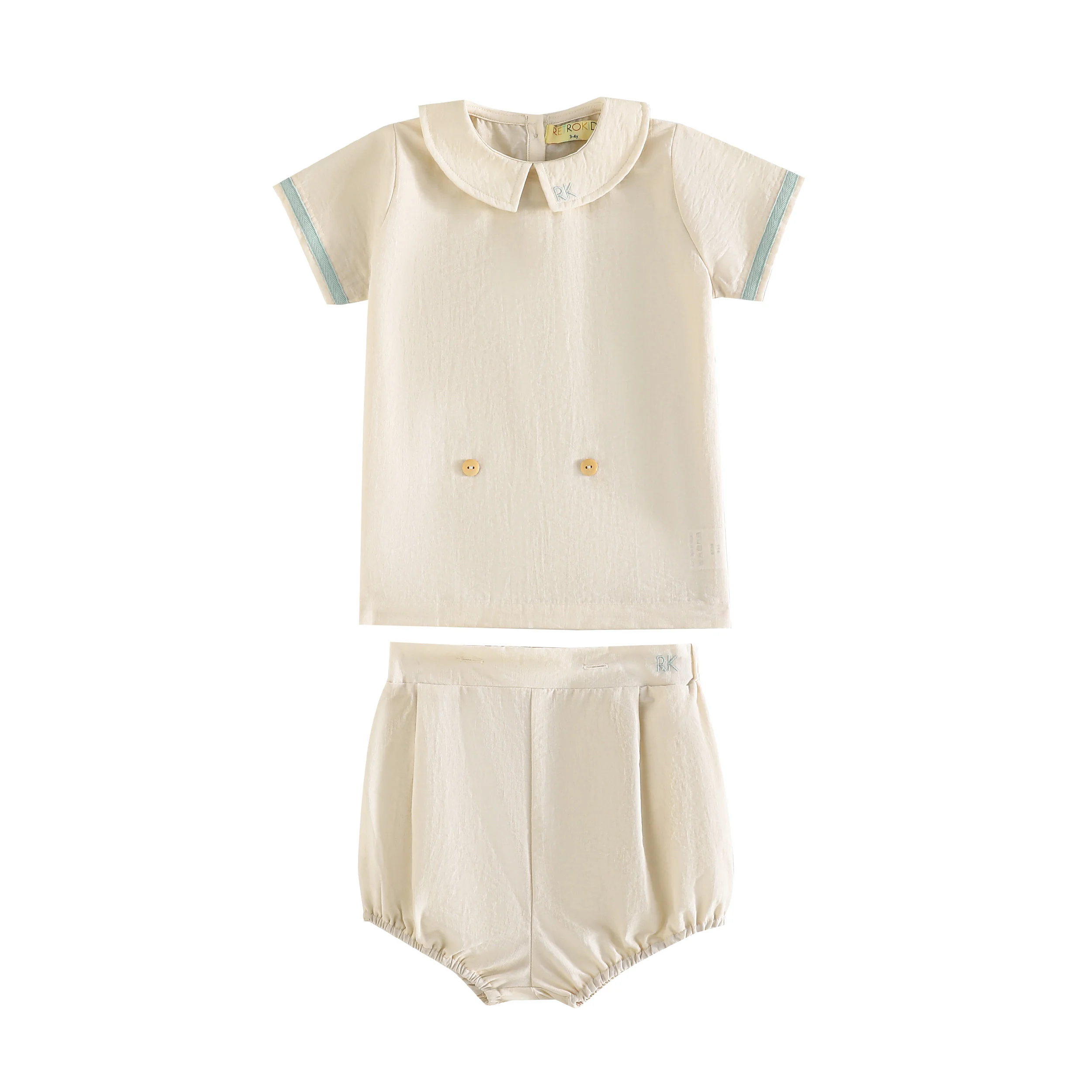 Retro Kid Bennet Baby Boy Button Up Set - Cream/Blue - Image 3