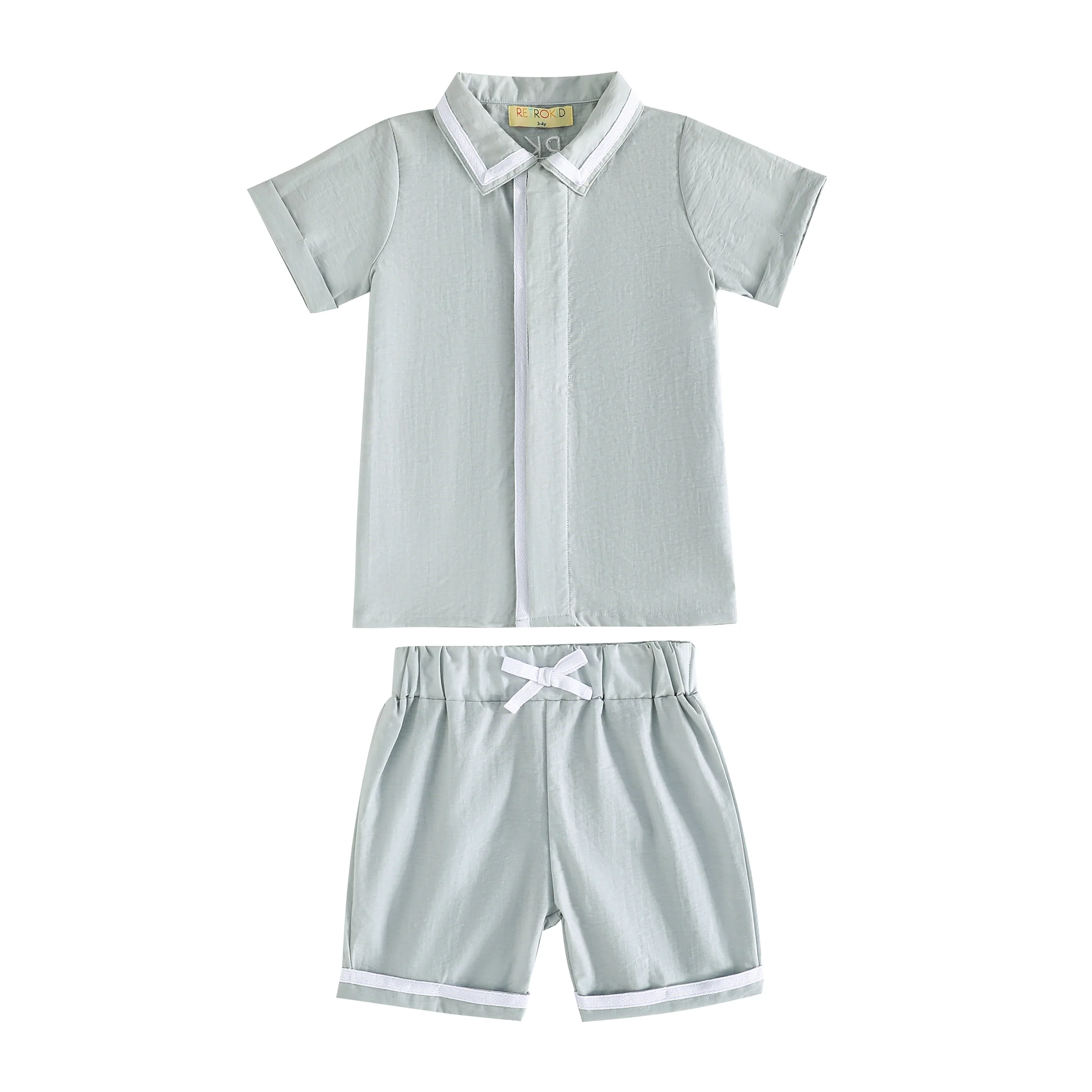 Retro Kid Bennet Boys Collar Shirt And Short Pants Set - Silver Mint/Cream - Image 2