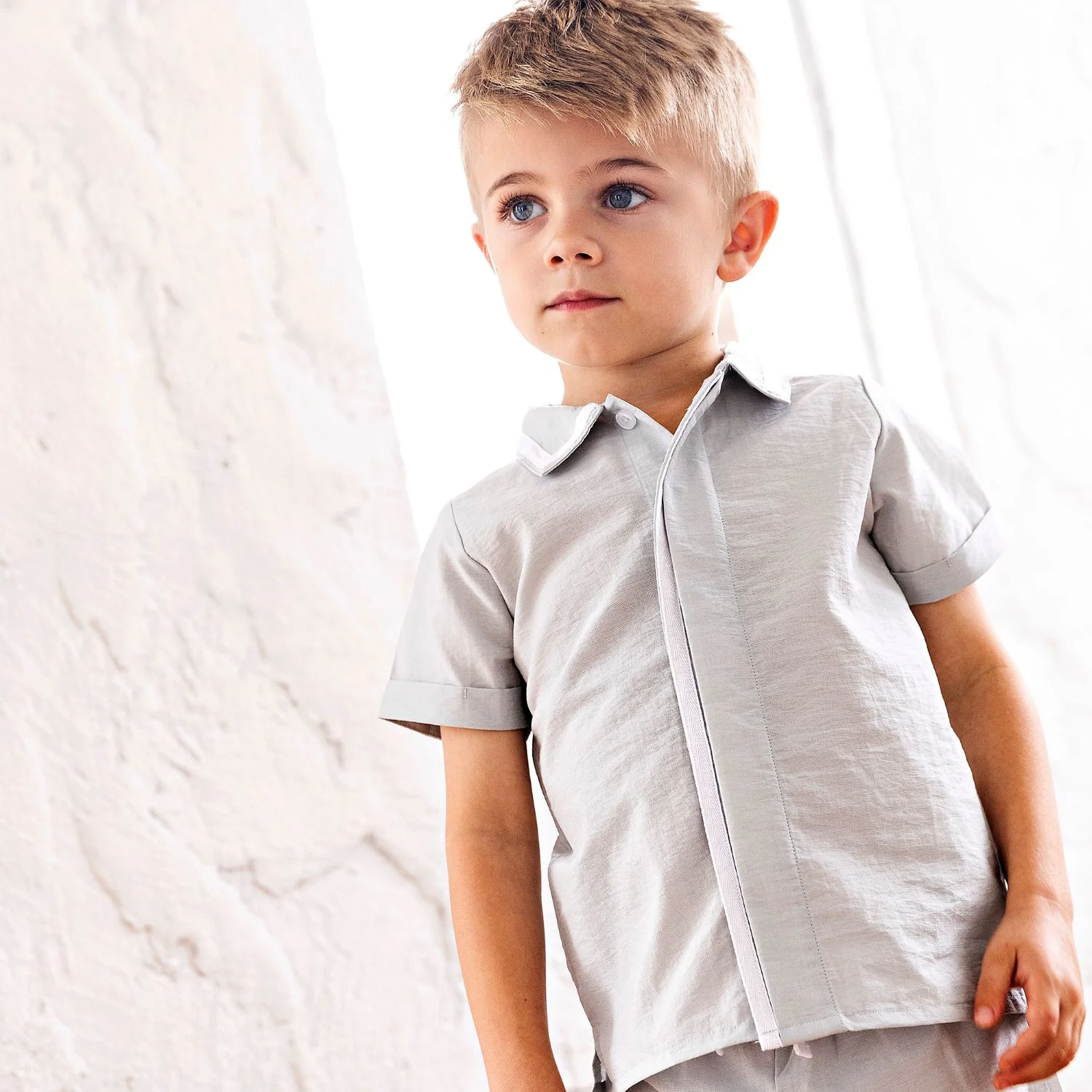 Retro Kid Bennet Boys Collar Shirt - Silver Mint/Cream - Image 2