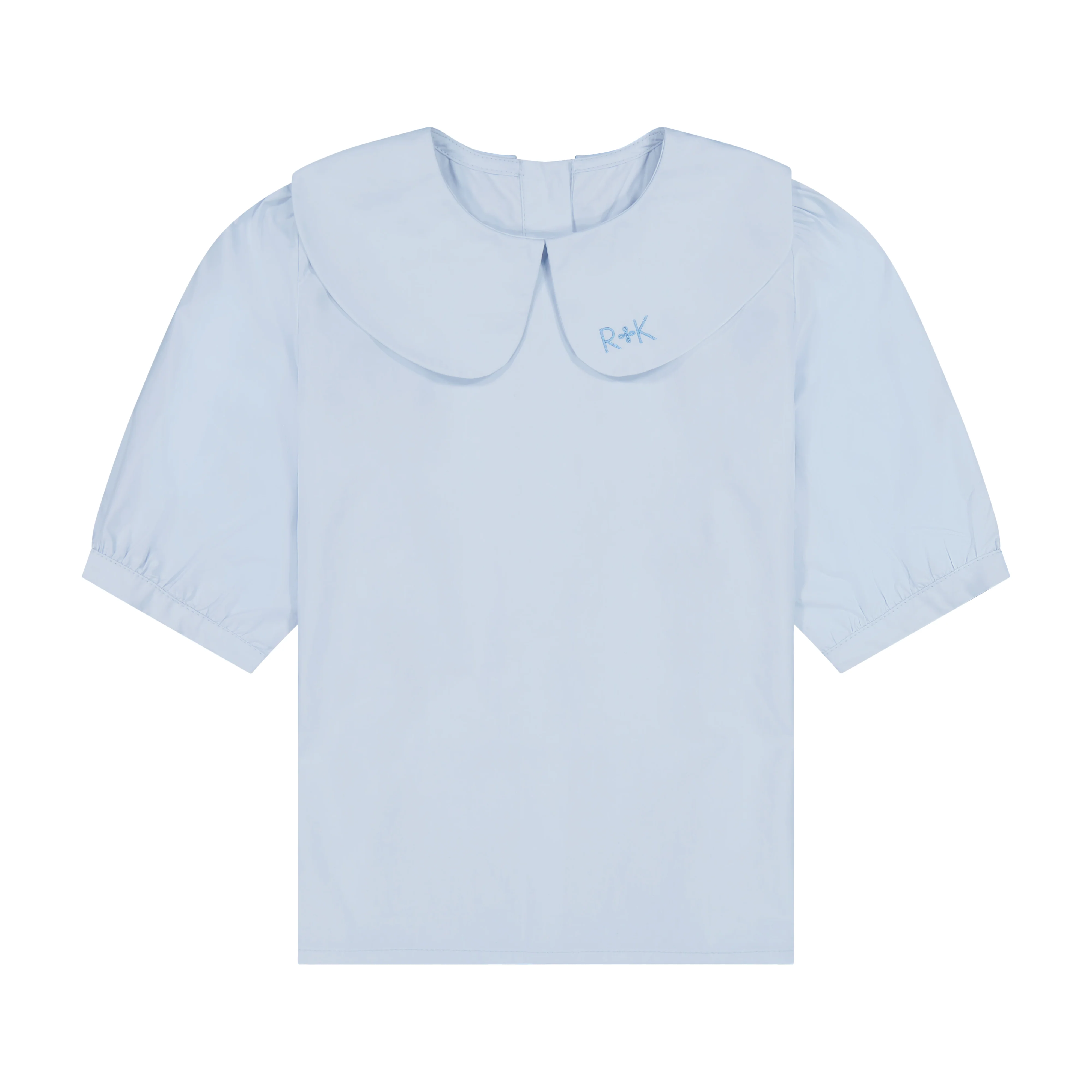 Retro Kid Cotton Blouse Embroidered Collar - Soft Blue