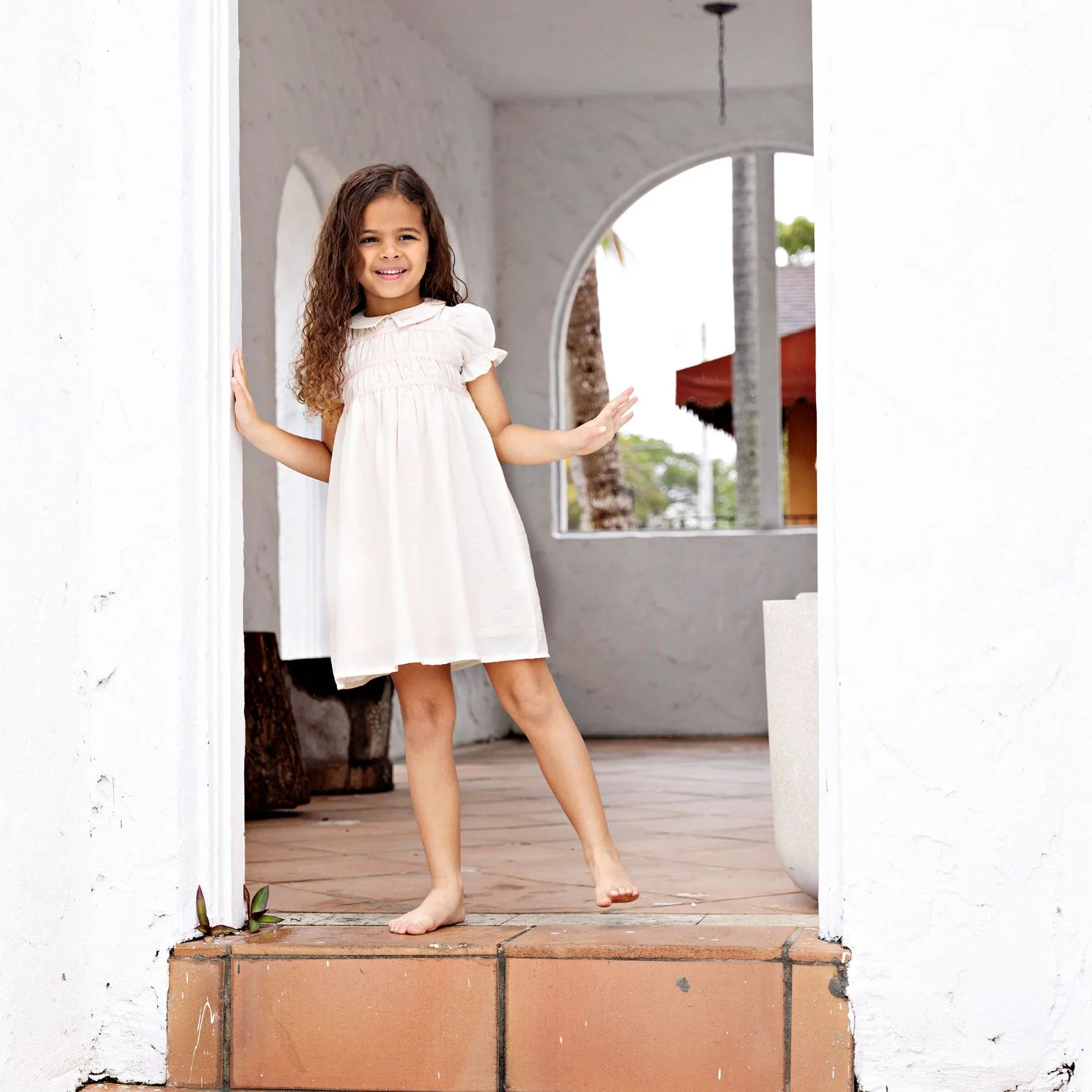 Retro Kid Halston Smocked Short Sleeve Dress - Cream/Pink - Image 2
