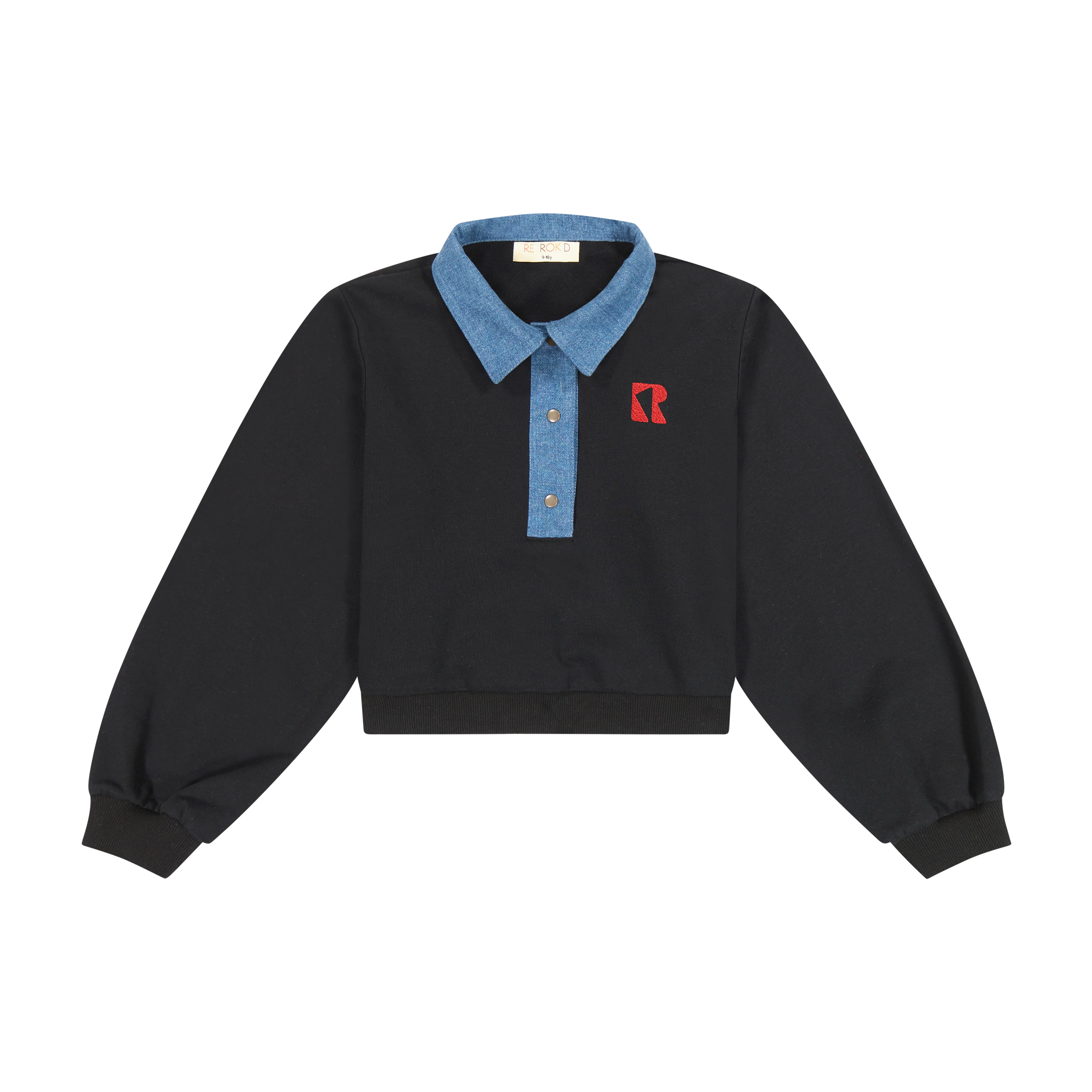 Retro Kid Remy Denim Collar Crop Sweatshirt - Black/Red