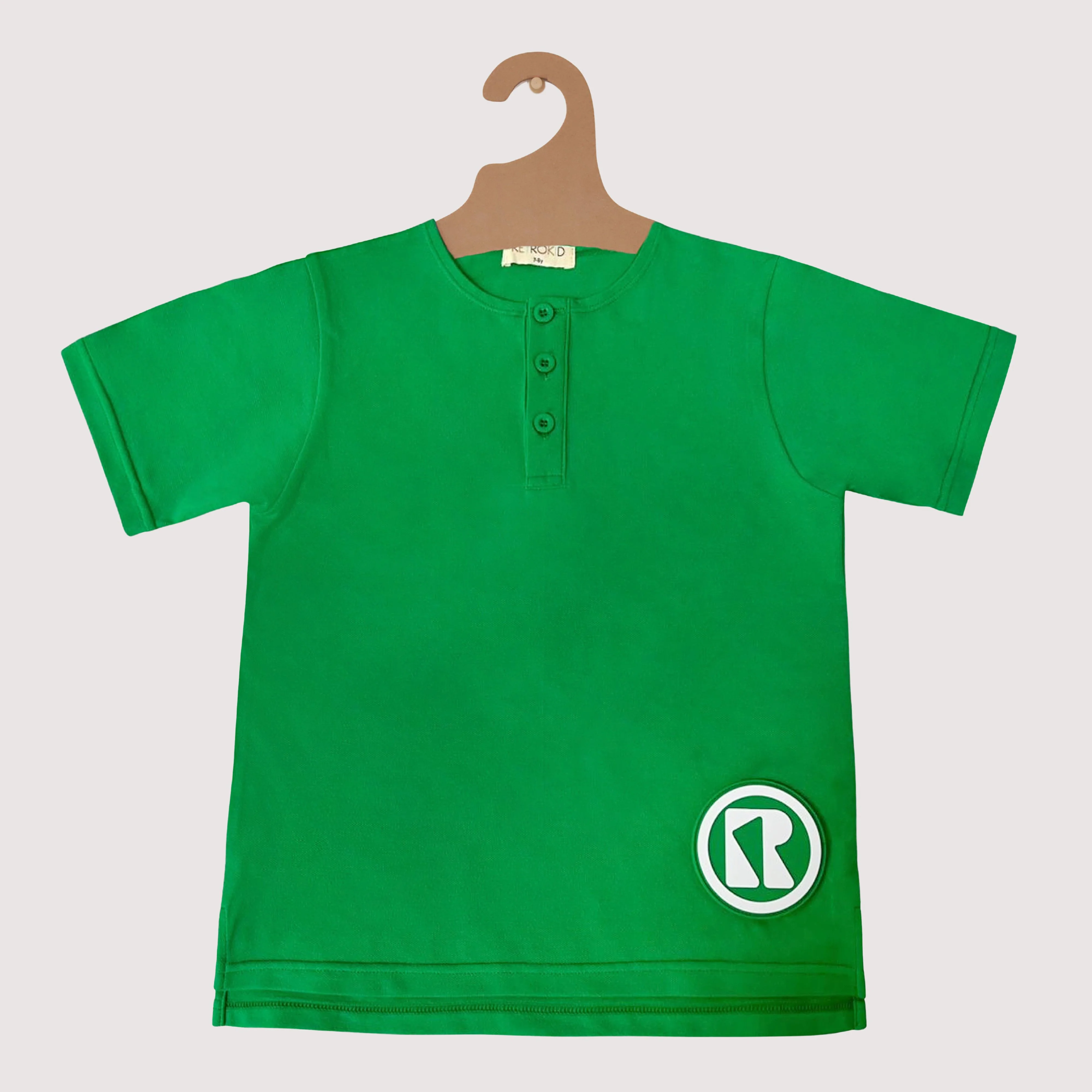 Retro Kid Rubber Logo Button Henley Tee - Bright Green
