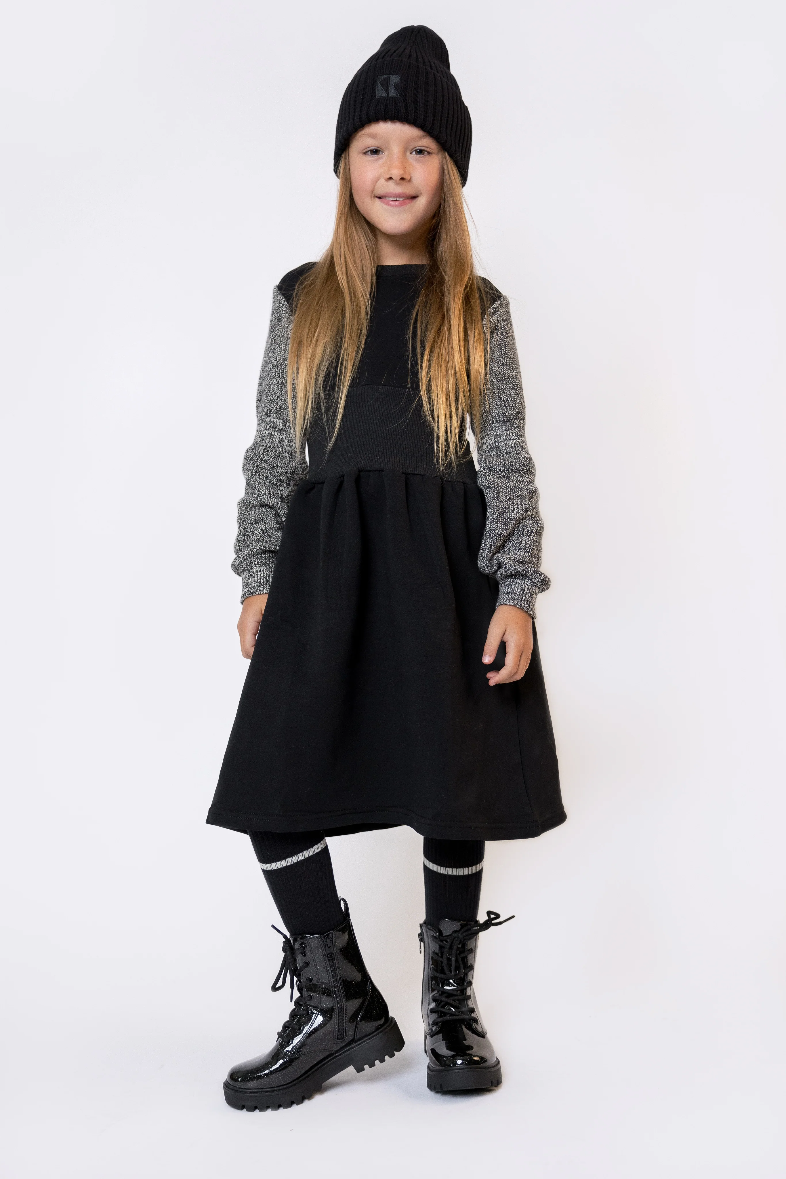 Retro Kid Scuba Knit Twirl Dress - Black/Cream - Image 3