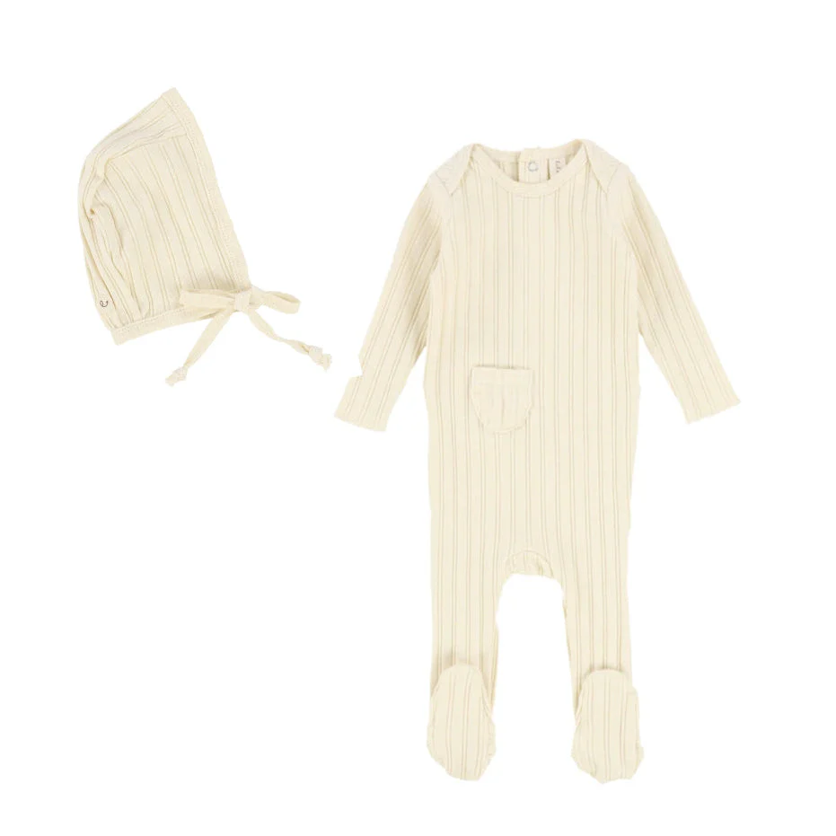 Ribbed  Natural Muslin Footie & Bonnet