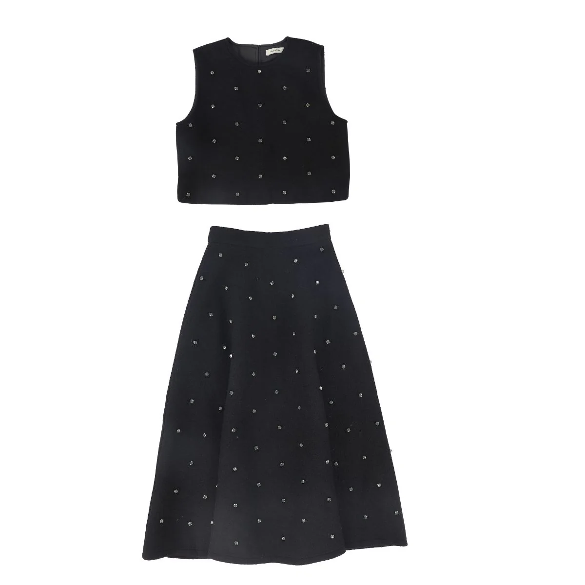 Valentina Jewel Wool Vest And Midi Skirt Set - Black